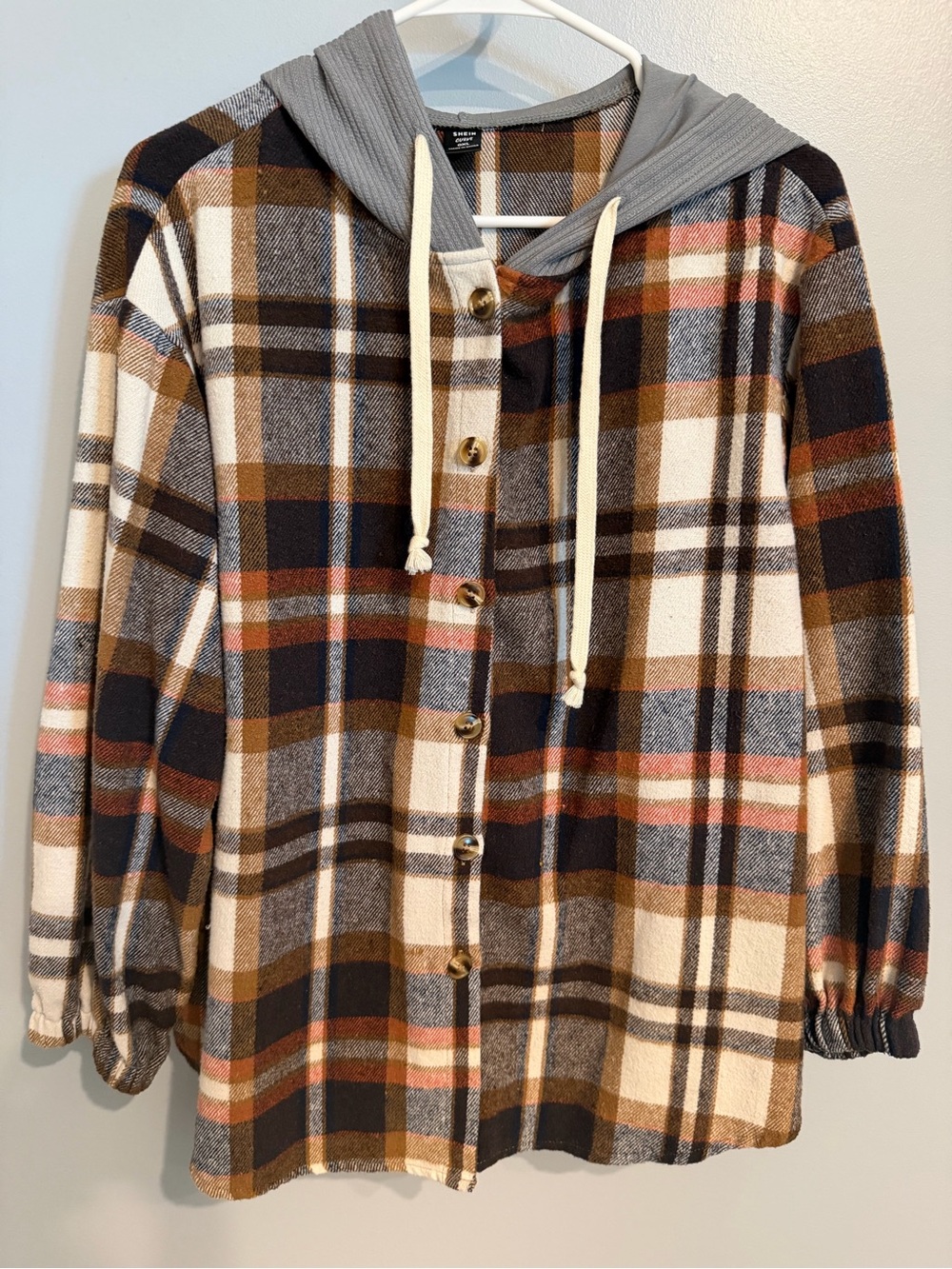 SHEIN Plaid Button-Up Hooded Shacket in Brown, Cream, Gray